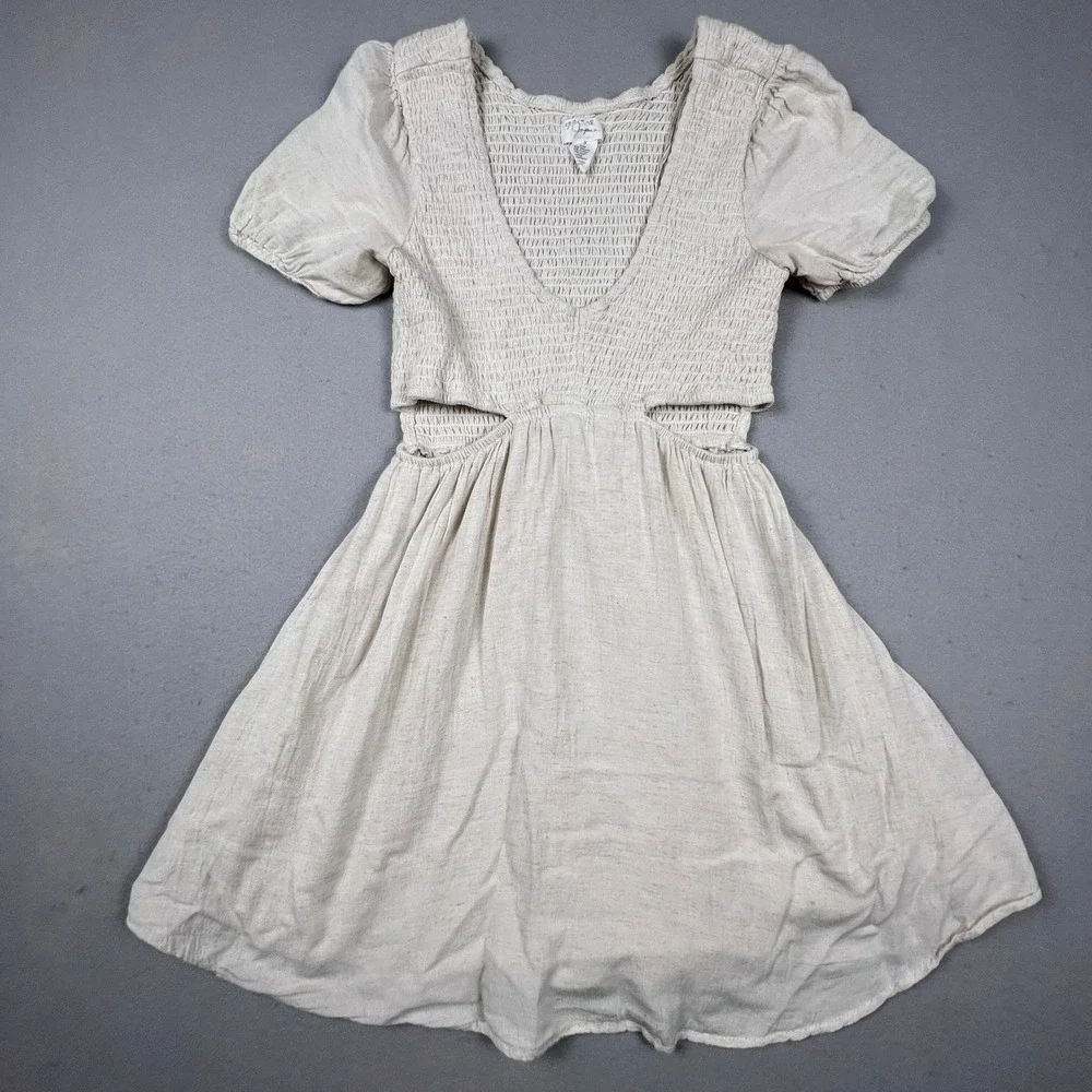Spektor Jeans Dress Womens Small Oatmeal Linen Blend‎ Smocked Cut-Out Boho Mini